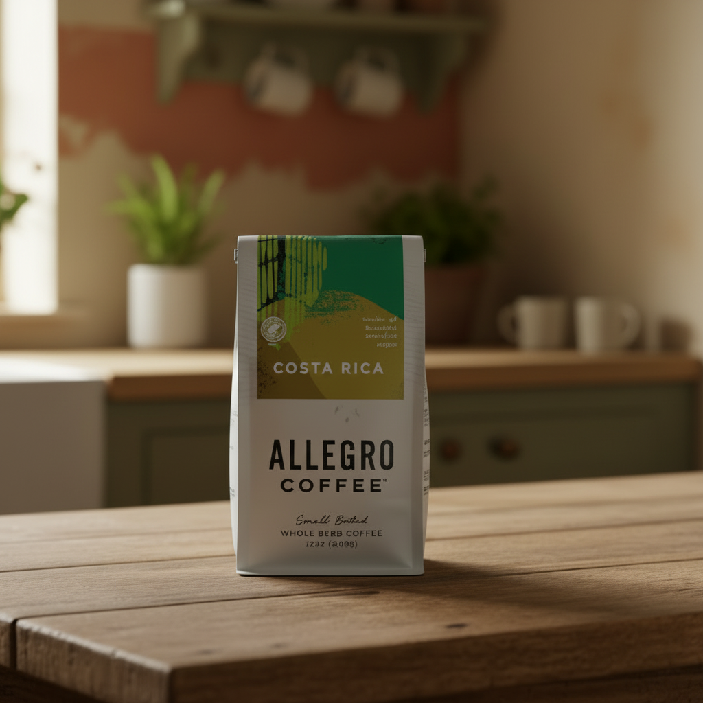 A bag of Allegro Coffee Costa Rica whole bean coffee stands on a wooden table in a softly blurred kitchen setting.