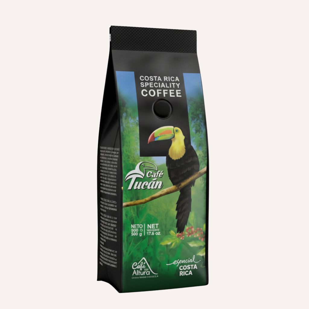 Cafe Tucan Costa Rica Specialty Coffee bag with toucan illustration on a white background