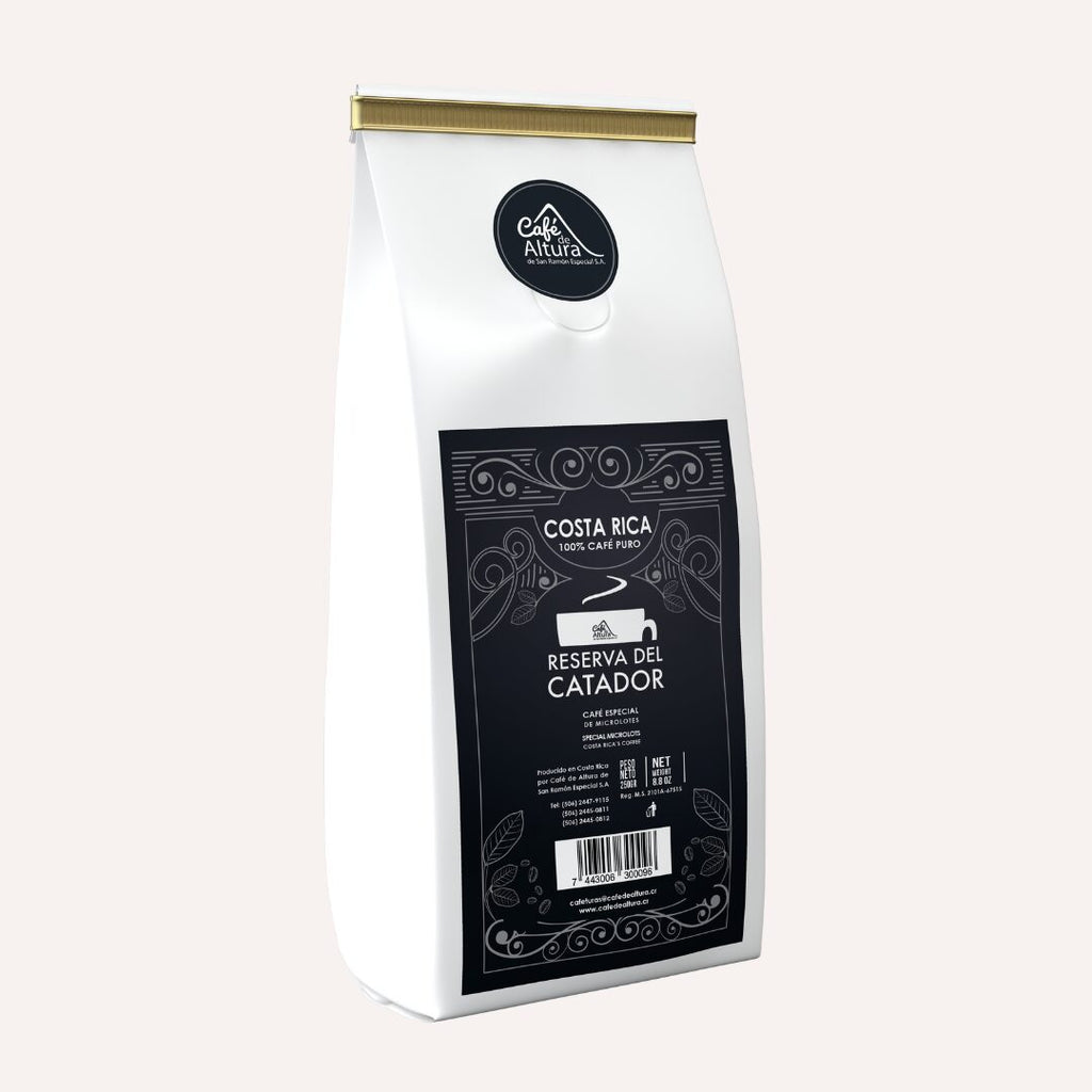 White coffee bag with black label featuring 'Cafe Altura' on a white background
