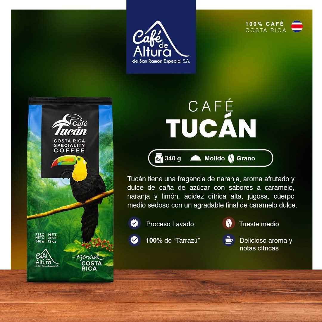 Café de Altura Café Tucán Costa Rica coffee bag packaging shown next to a detailed product information card on a dark green gradient background with a wooden surface at the bottom.